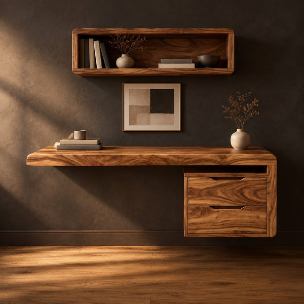 Floating Desk With Two Drawer Pedestal And Bold Grain Top
