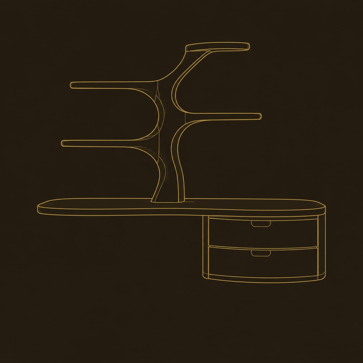Floating Desk With Two Drawers And Tree Branch Shelves dimension diagram