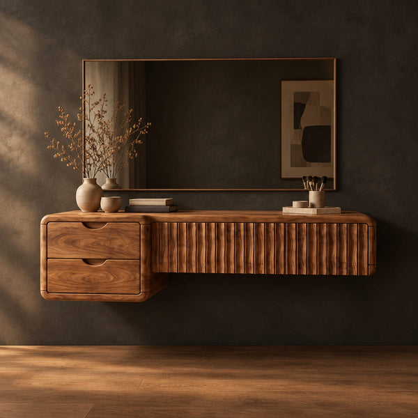 Floating Fluted Front Makeup Vanity With Two Drawers