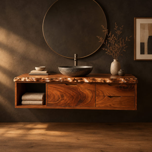 Floating Live Edge Bathroom Vanity With Open Shelf Bay