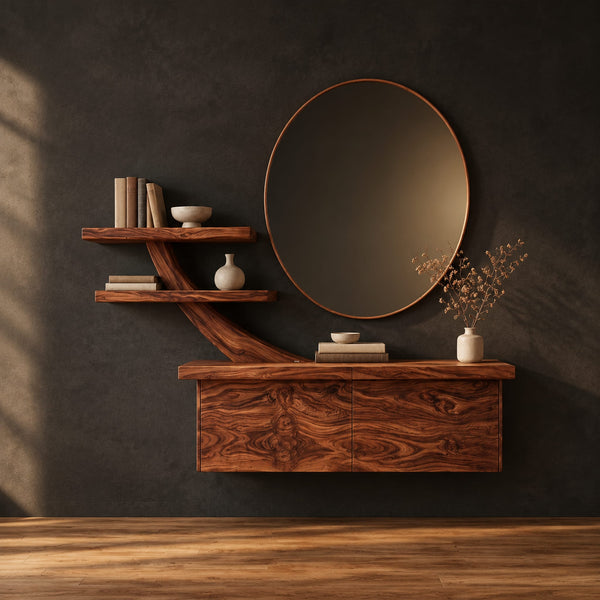 Floating Makeup Vanity With Branch Shaped Arm And Two Shelves