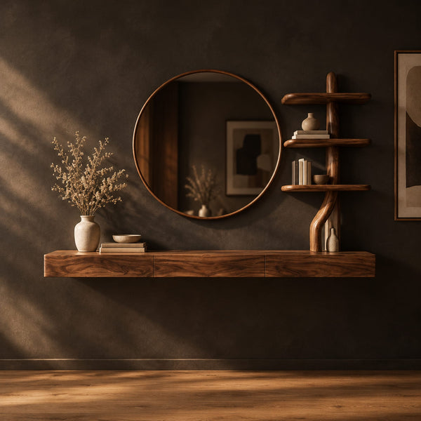 Floating Makeup Vanity With Circular Mirror And Branch Shelf