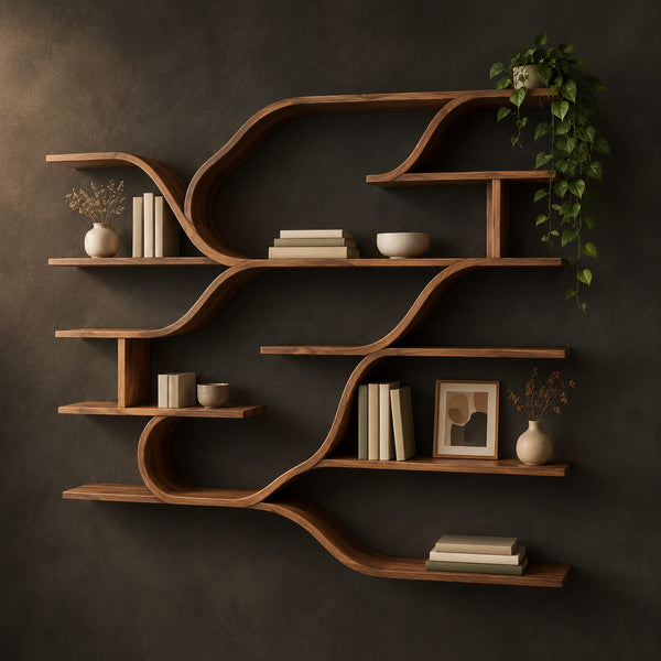 Flowing Branch Shelves With Layered Open Planks And Wave Supports