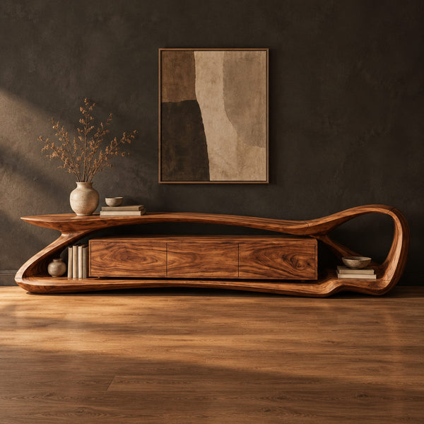 Flowing Loop Frame TV Stand With Wood Grain Center Cabinet