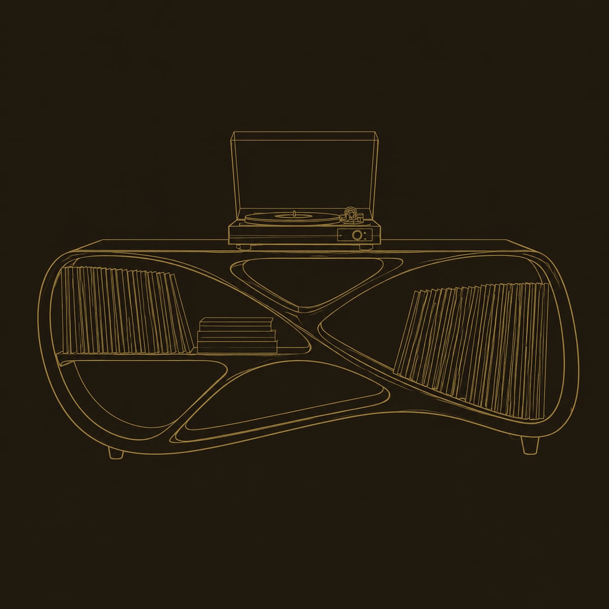 Flowing Record Console With Crossed Ribbon Frame And Open Bays dimension diagram