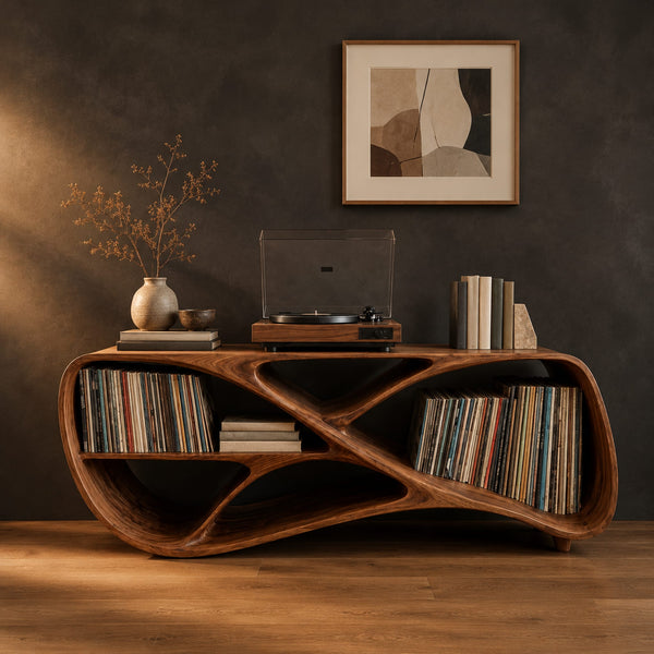 Flowing Record Console With Crossed Ribbon Frame And Open Bays