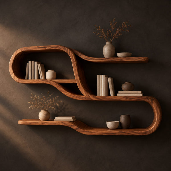 Flowing Ribbon Shelf With Looping Tiers And Open Bays