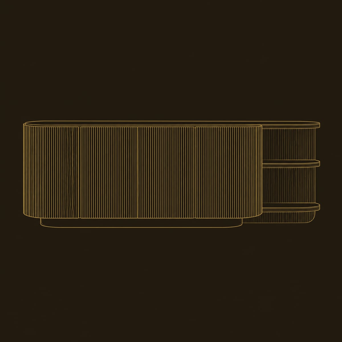 Fluted Sideboard With Curved Ends And Attached Open Shelf Tower dimension diagram