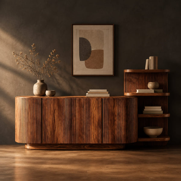 Fluted Sideboard With Curved Ends And Attached Open Shelf Tower