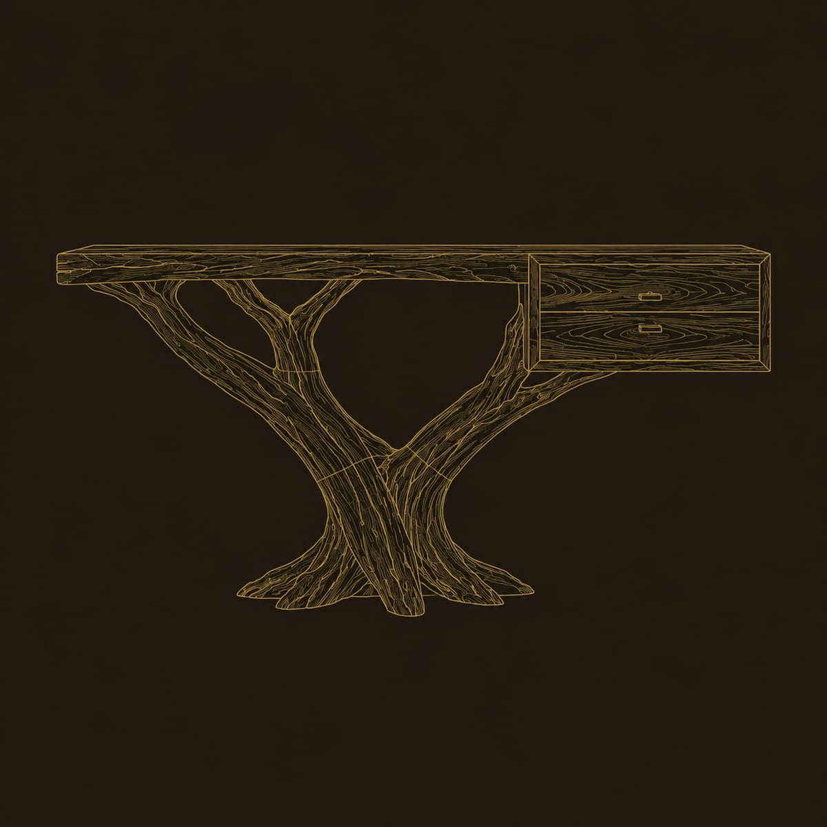 Forked Tree Base Console Table With Two Drawers On One End dimension diagram