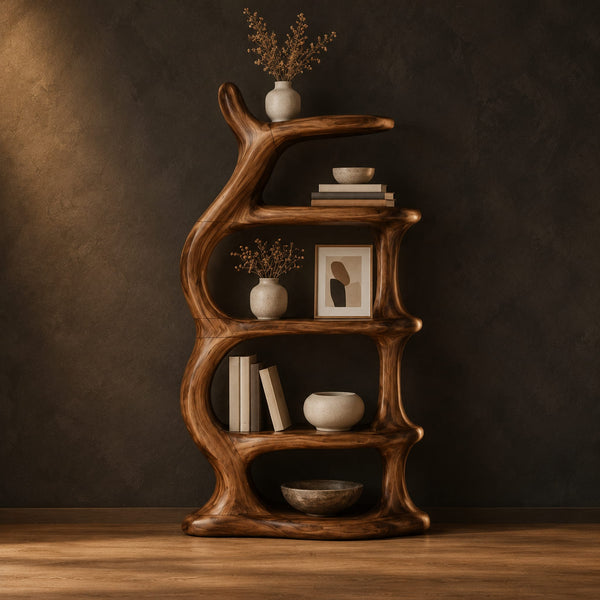 Freeform Bookshelf With Flowing Open Tiers And A Branching Top