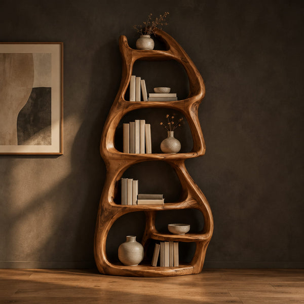 Freeform Bookshelf With Stacked Oval Cubbies And Tree Trunk Form