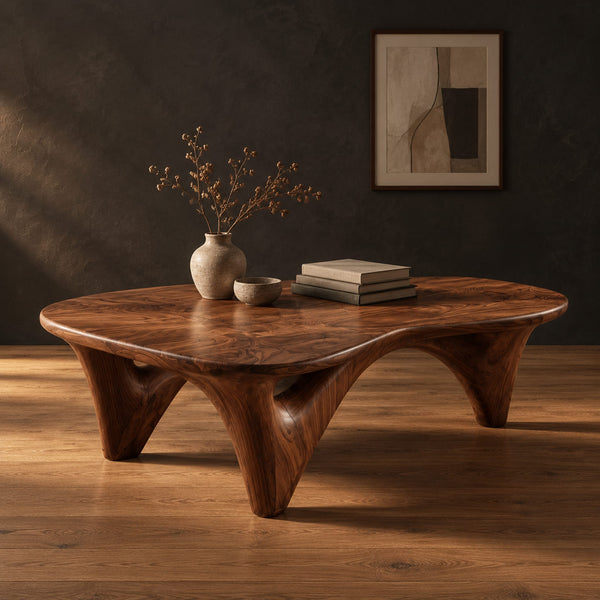 Freeform Coffee Table With Sculpted Arch Legs And Soft Edge Top