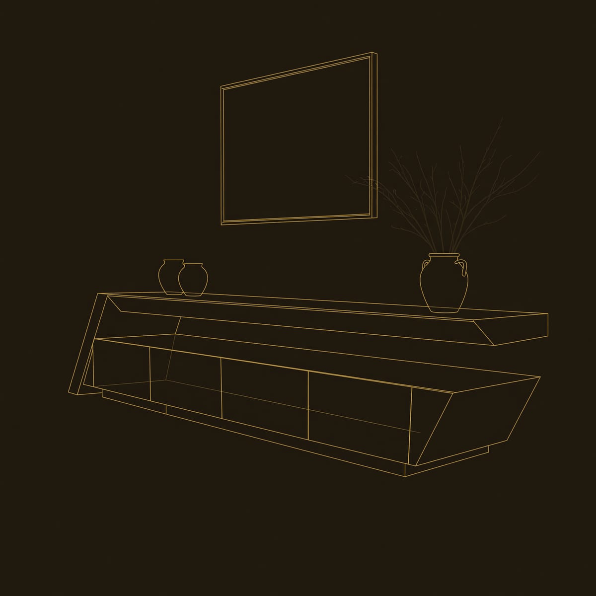 Geometric TV Stand in Angular Solid Hardwood dimension diagram