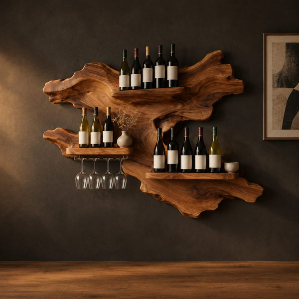 Gnarled Organic Wine Rack With Three Shelves And Glass Rail