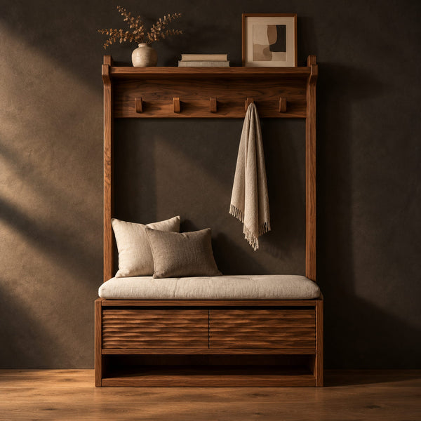 Hall Tree Storage Bench With Coat Pegs And Ribbed Front