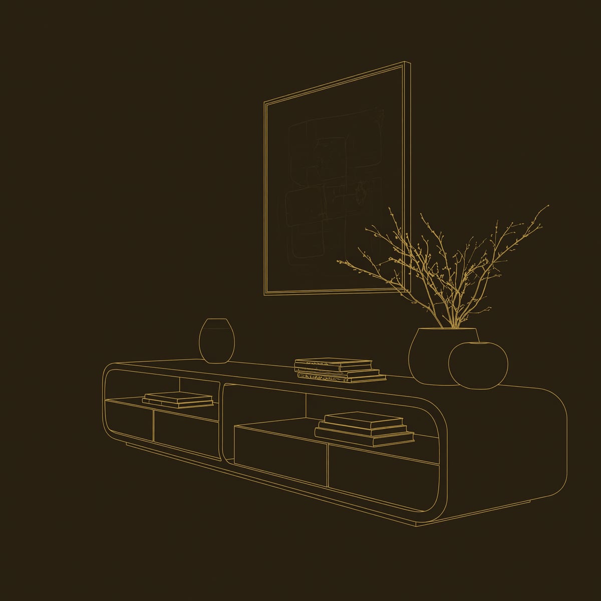 Hand Rounded Corners, TV Console with Open Bays and Drawers dimension diagram