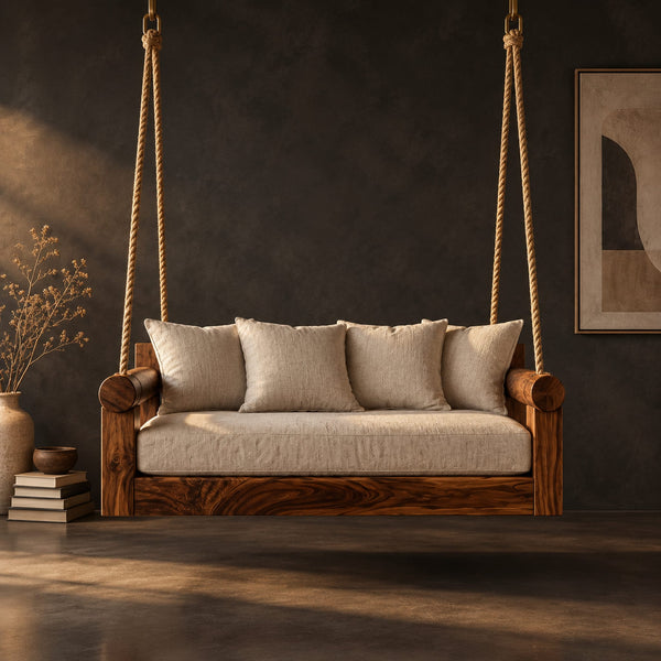 Hanging Swing With Thick Log Arms And Long Seat Cushion