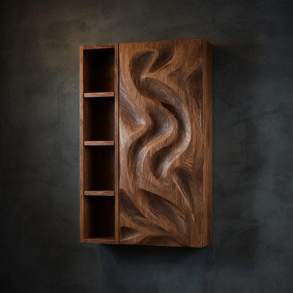 Solid Wood Corner Wall Bathroom Shelf Hand Carved Cabinet Wave Door