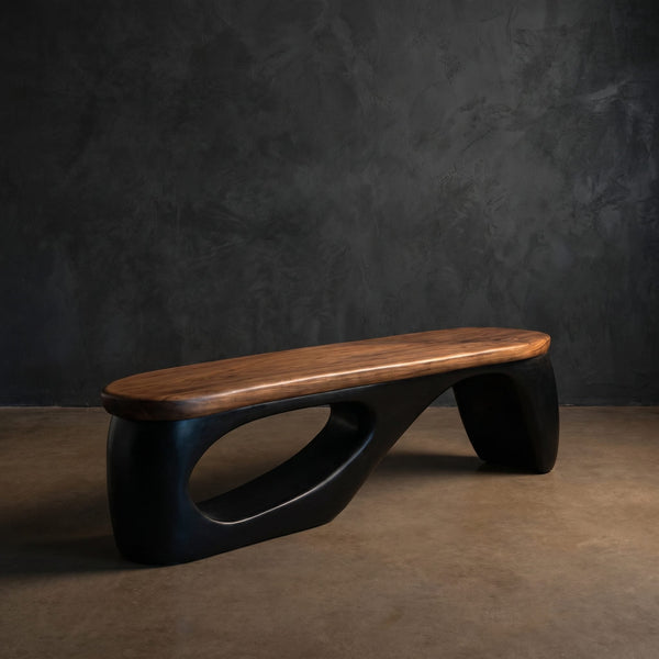 Organic Wooden Bench With Curved Black Base For Home
