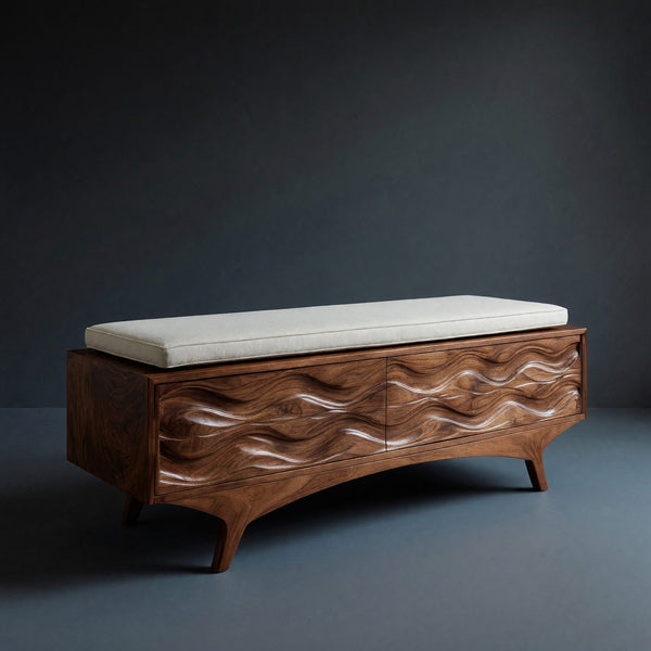 Solid Wood Entryway Storage Bench Coastal Wave Carved