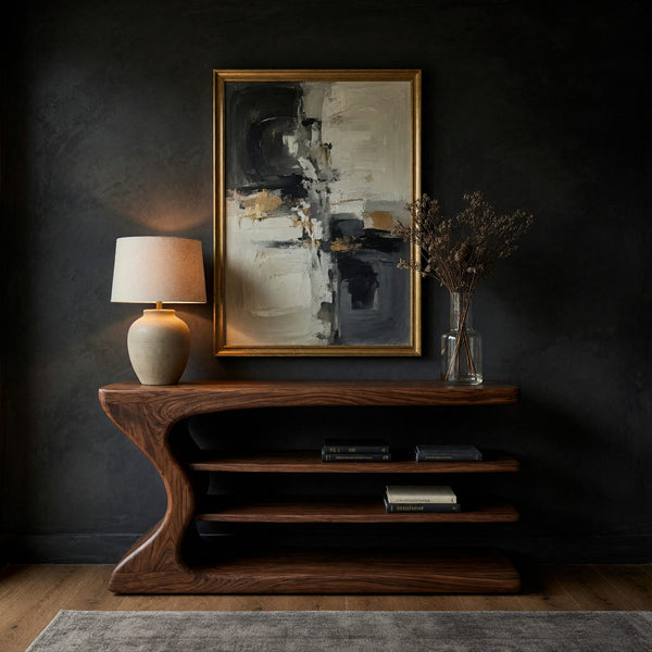 Wave-Carved Tiered Console Table in Solid Hardwood