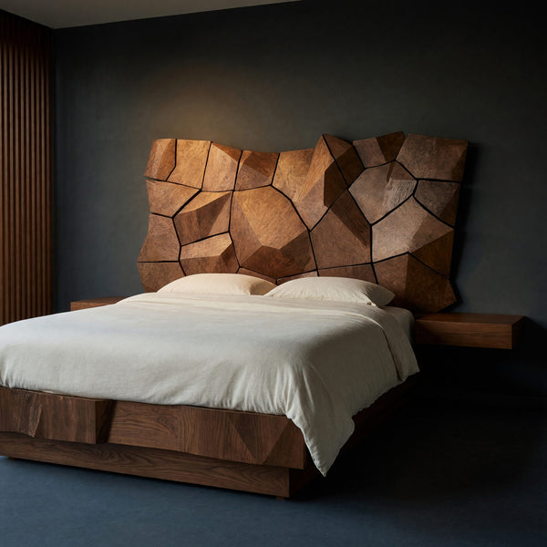 Solid Wood Bed Frame Sculptural Geometric Modern Bedroom