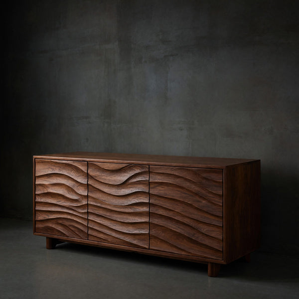 Solid Wood Sideboard With Carved Wave Design Statement Living Space