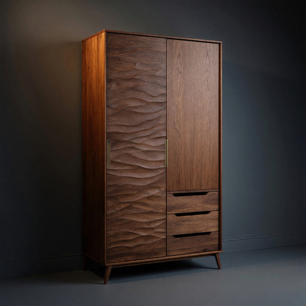 Solid Wood Wardrobe Sculptural With Wave Door Bedroom