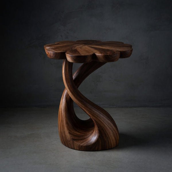 Solid Wood Nightstand Handcrafted With Floral Shaped Tabletop Bedroom