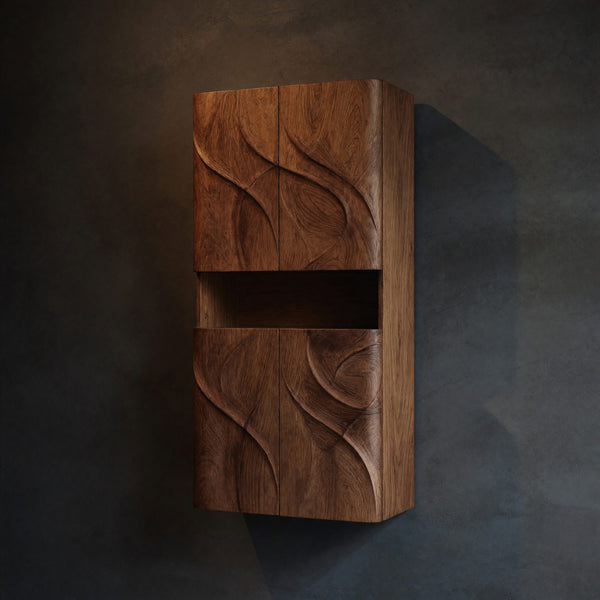 Solid Wood Corner Wall Bathroom Shelf Cabinet With Door Waves