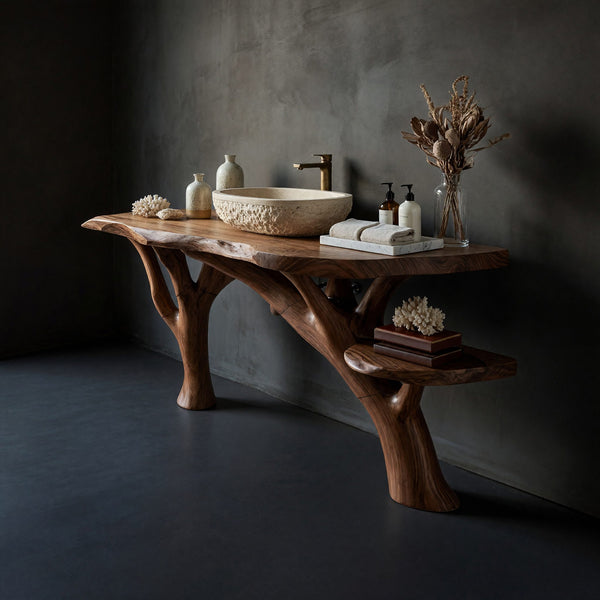 Solid Wood Live Edge Vanity Mid Century Guest Bathroom Setup