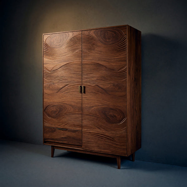 Solid Wood Wardrobe Minimal With Carved Front Bedroom Space