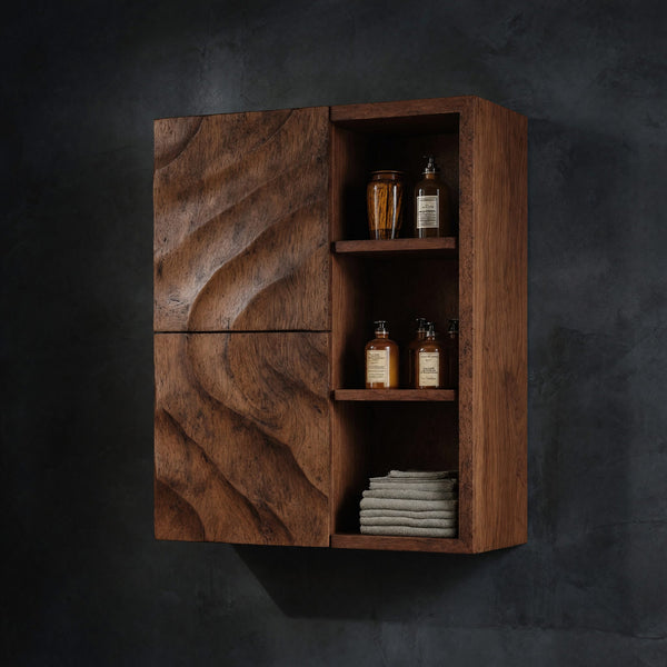 Solid Wood Corner Wall Bathroom Shelf Statement Cabinet Wave Doors Design