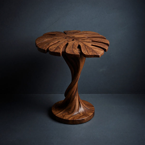 Modern Wood Side Table With Artistic Leaf Top For Living