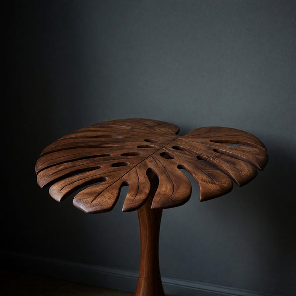 Sculptural Wood Side Table With Leaf Shape Top For Living