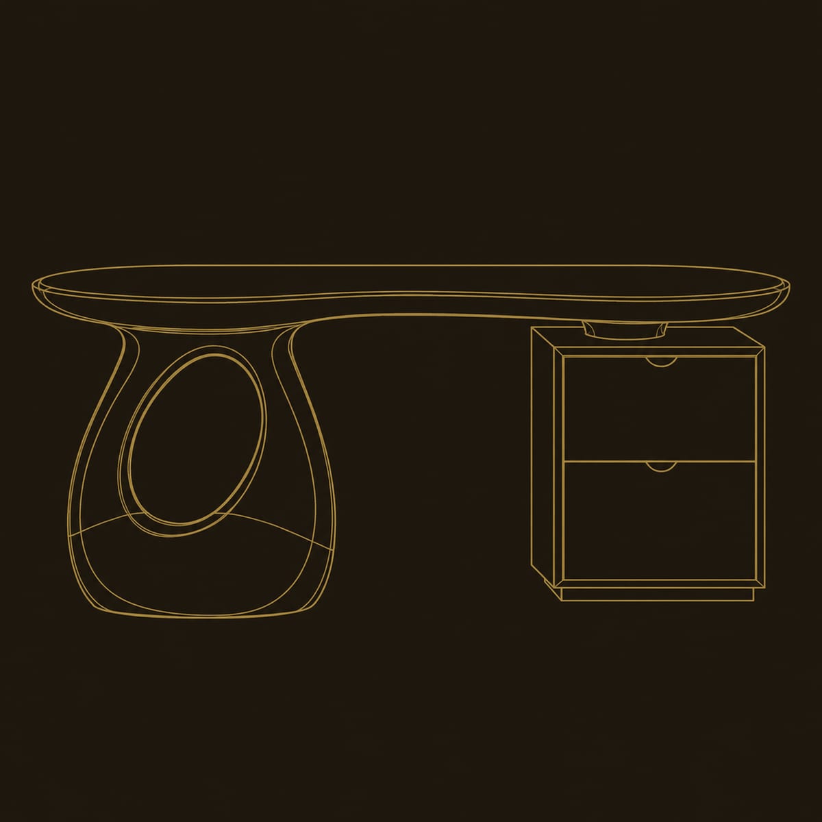 Kidney Shaped Desk With Open Loop Pedestal And Two Drawers dimension diagram
