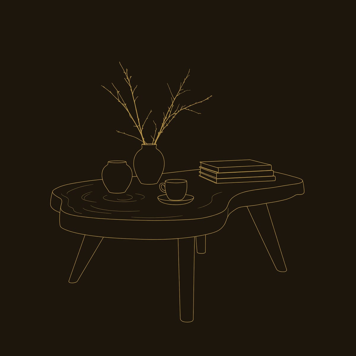 Kidney Slab Coffee Table with Three Splayed Legs dimension diagram