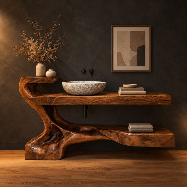 Knotted Trunk Bathroom Vanity With Thick Slab Top And Low Shelf