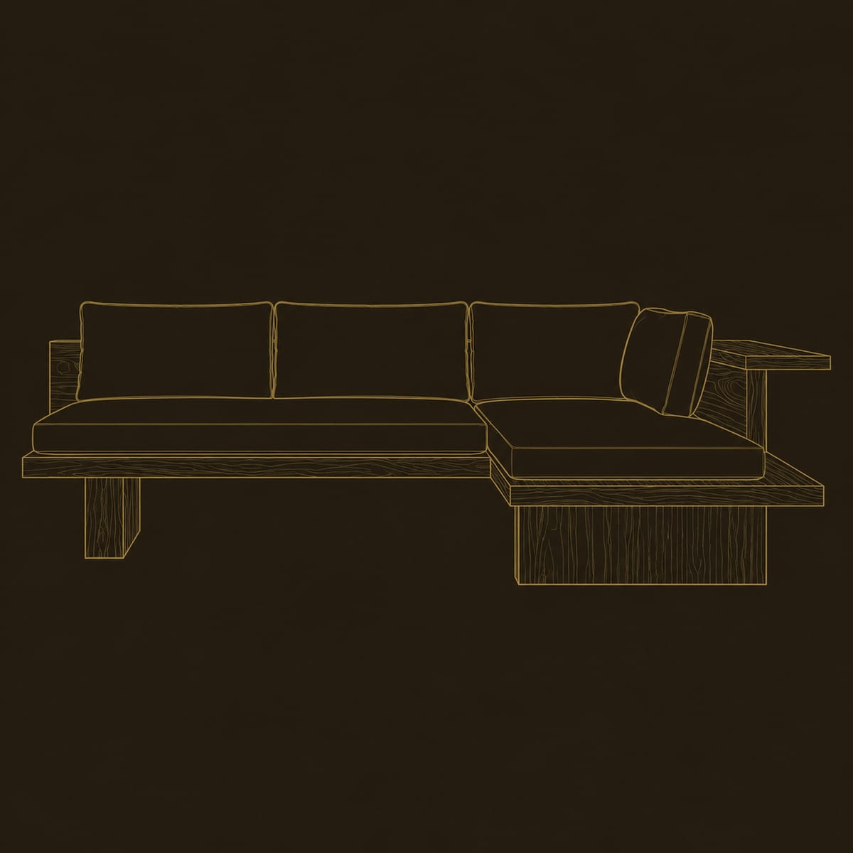 L Shaped Sofa With Low Wood Platform Base And Side Ledge dimension diagram
