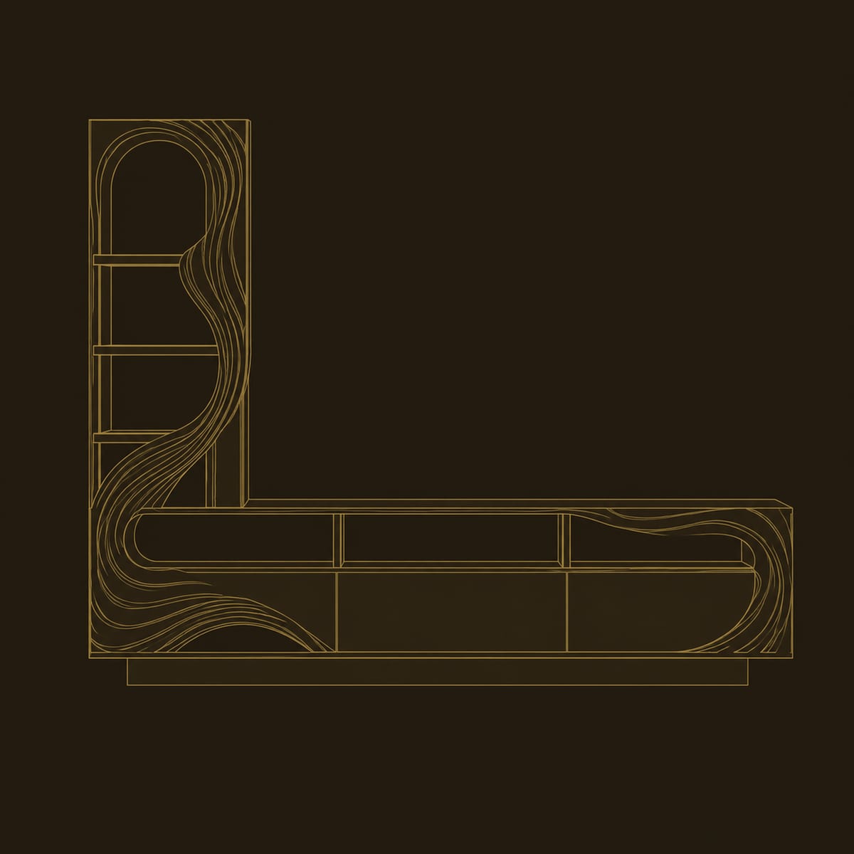 L Shaped TV Stand With Arched Shelf Tower And Flowing Carved Lines dimension diagram