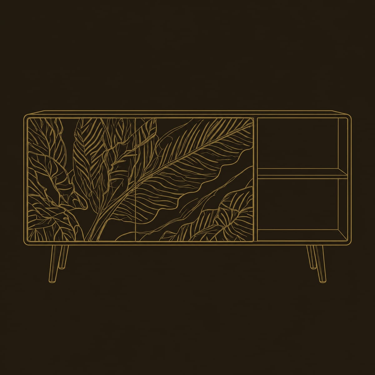 Leaf Carved Sideboard With Open Shelf And Tapered Legs dimension diagram