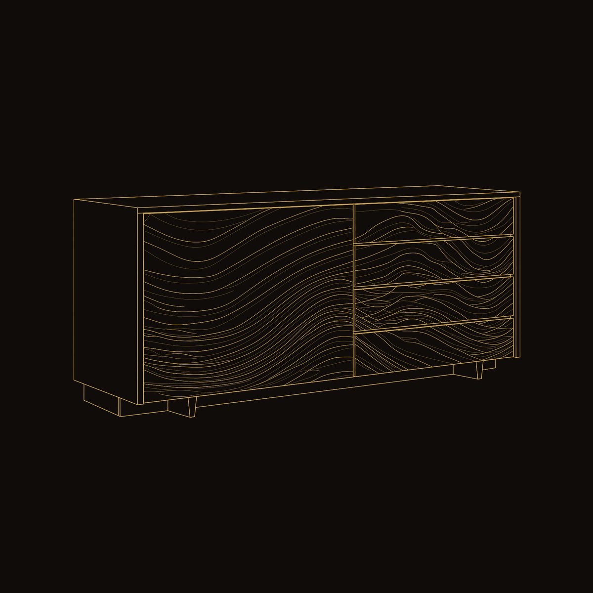 Solid Wood Sideboard With Sculpted Wave Doors Modern dimension diagram
