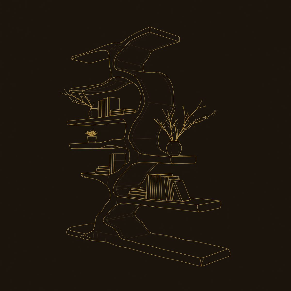 Branching Trunk Bookshelf with Cantilevered Shelves dimension diagram