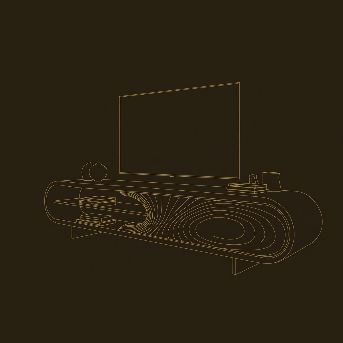 Chisel Carved Ripple Door on a Long Capsule TV Console dimension diagram