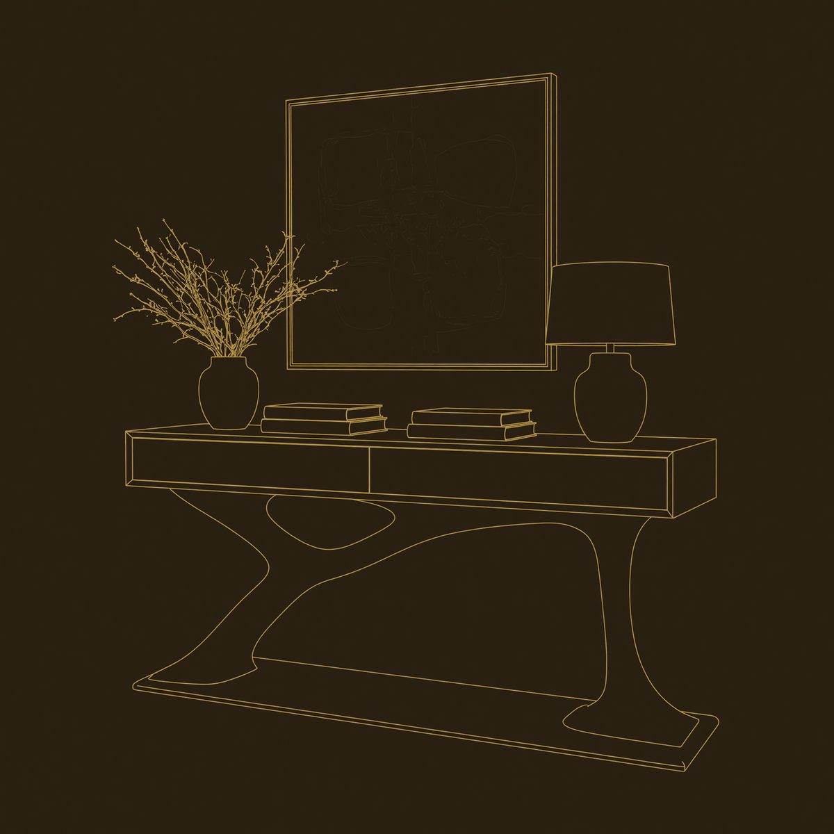 Console Table on a Curved Trestle Base, Solid Walnut dimension diagram