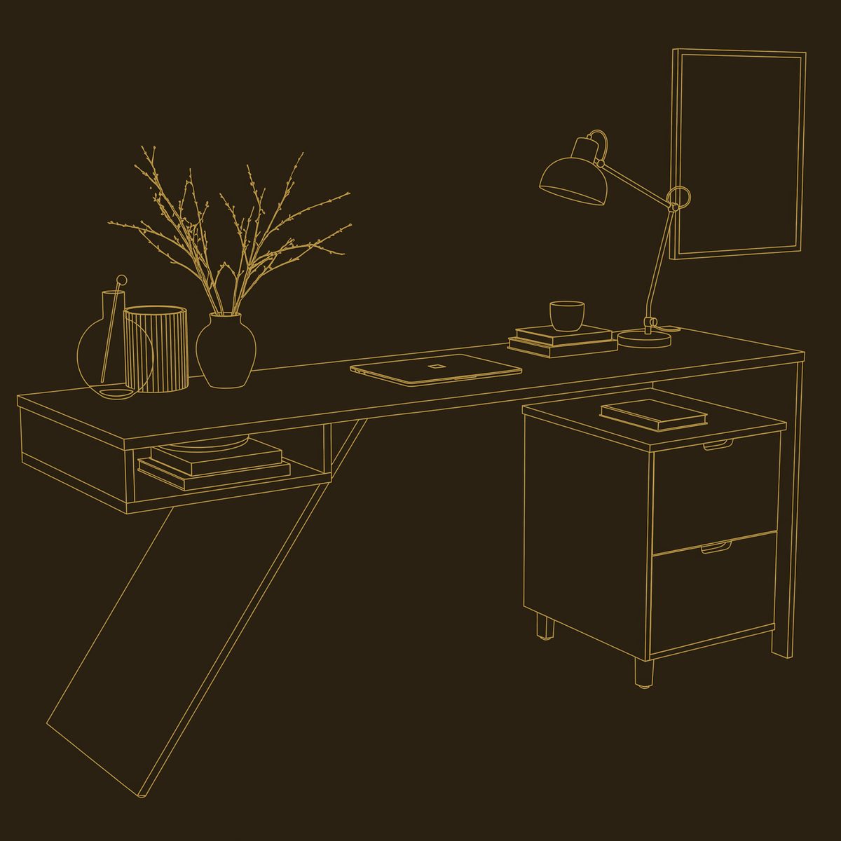 Hand-Cut Cantilever Desk in Solid Wood with Steel Leg dimension diagram
