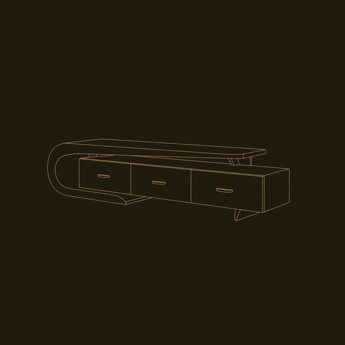 Curved Triple-Storage Media Cabinet dimension diagram