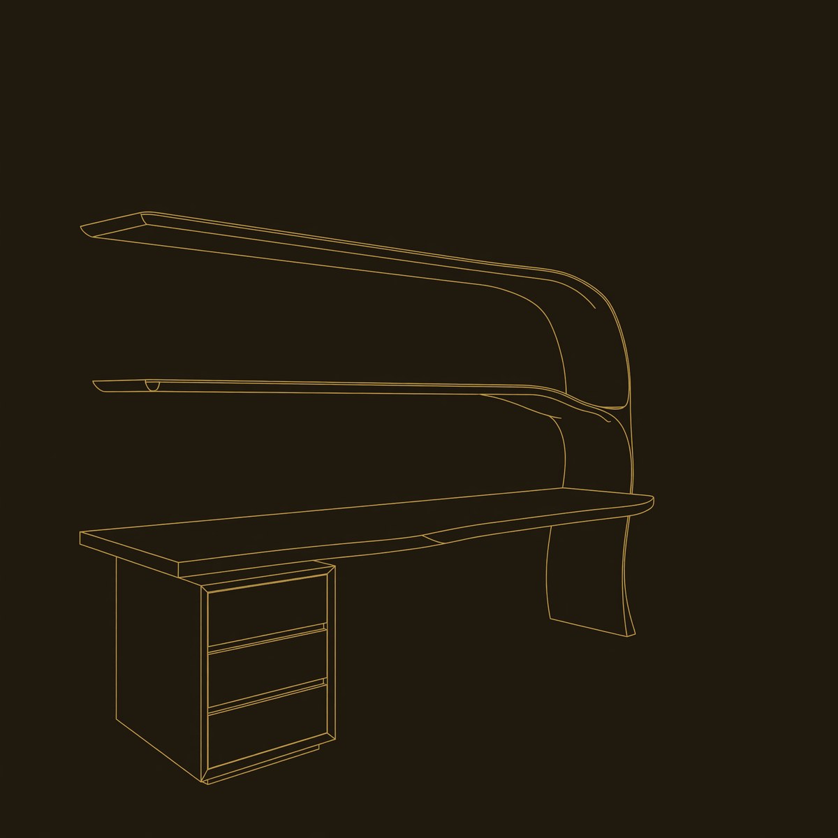 Organic Desk With Curved Shelf And Drawer For Study Room dimension diagram
