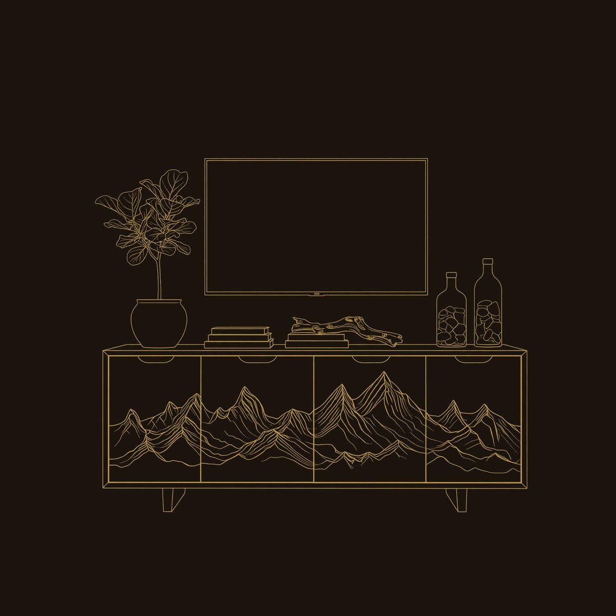 Ridgeline Walnut Media Console with Carved Peaks dimension diagram